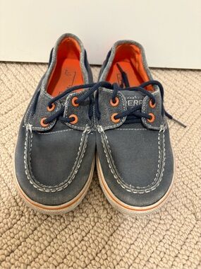 Sperry Kids Navy Canvas Top Siders Boat Shoes with Orange Accents